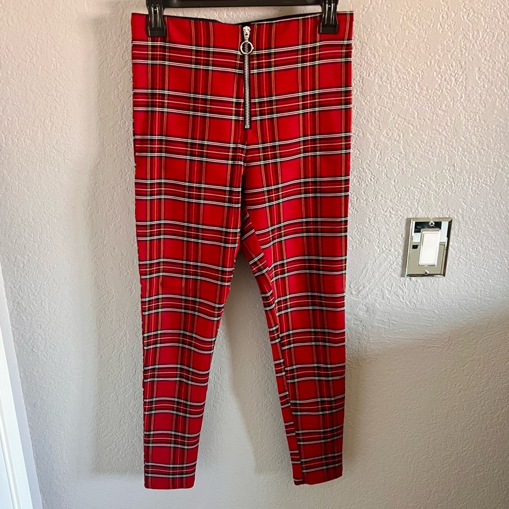 Zara High Waist Front Zip Tartan Plaid Skinny Legging Pants